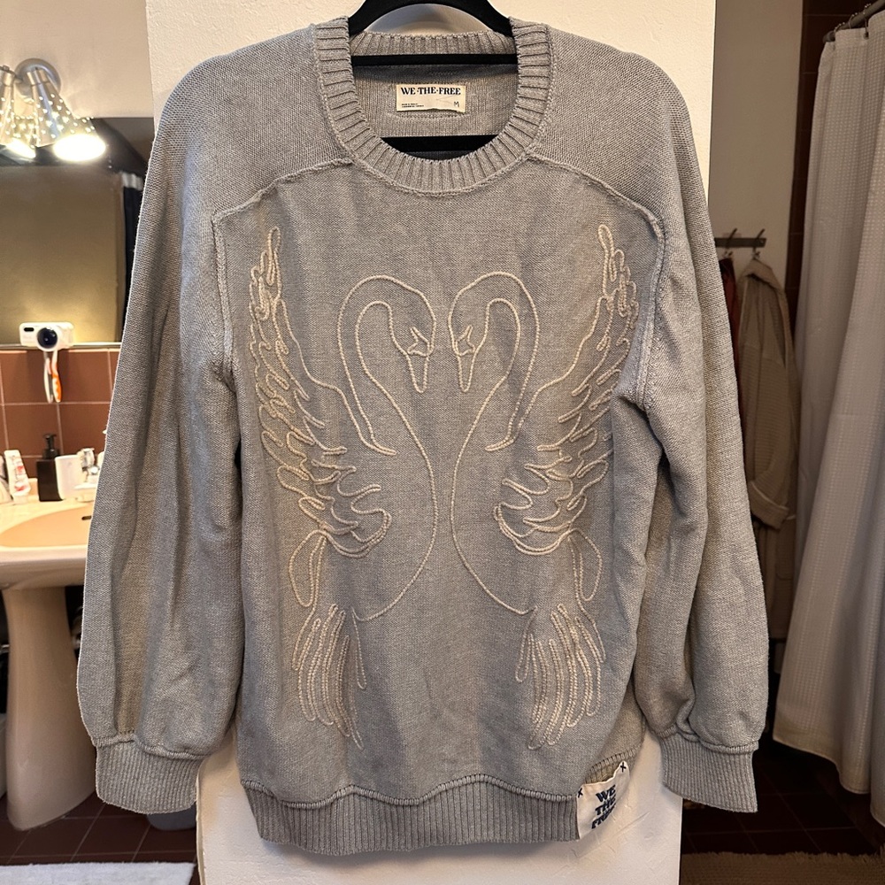 We The Free Gray Wing Design Crew Neck Sweater